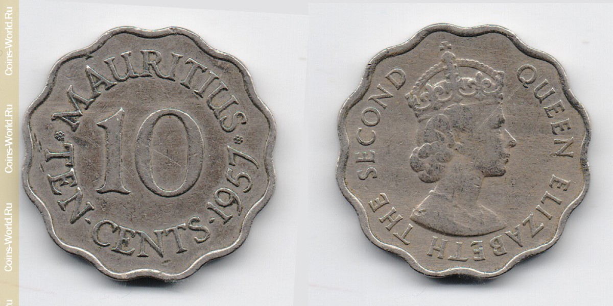 10 cents 1957 Mauritius-Coin: 10 cents 1957, the country of Mauritius, the catalog description, the value of the coin. The rate is subject to state collectible coins.