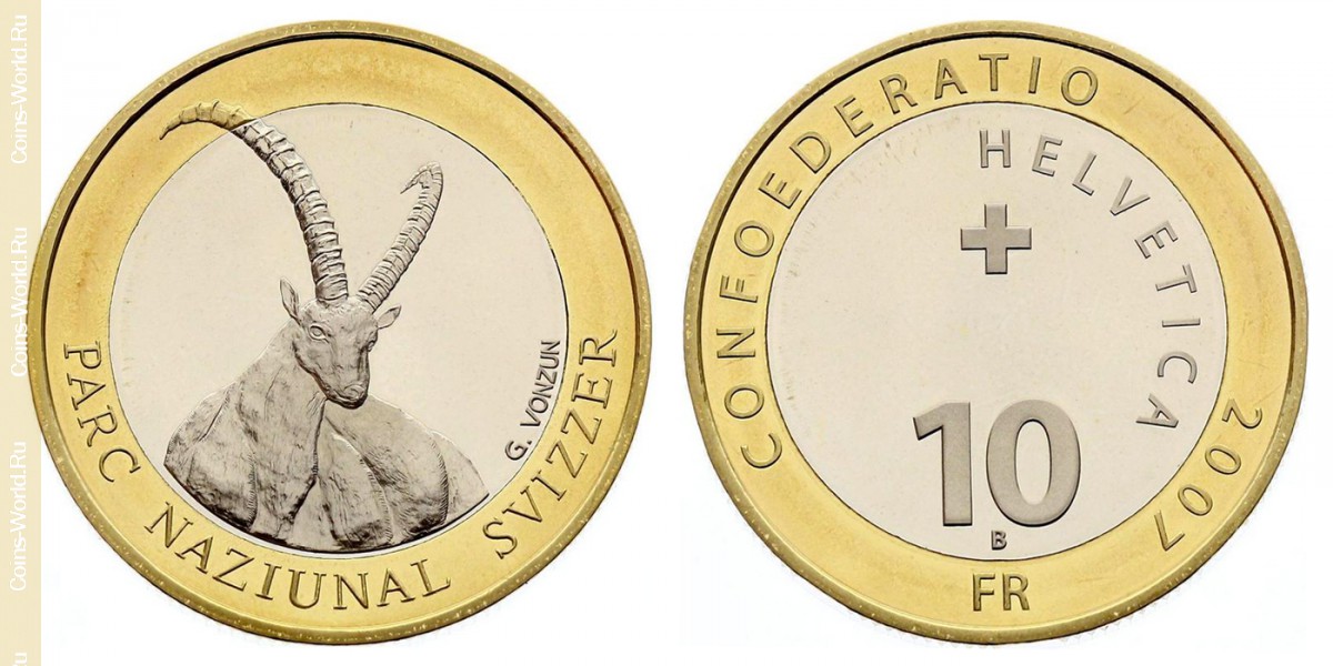 10 francos 2007, Parque Nacional Suíço - Cabra dos Alpes, Suíça