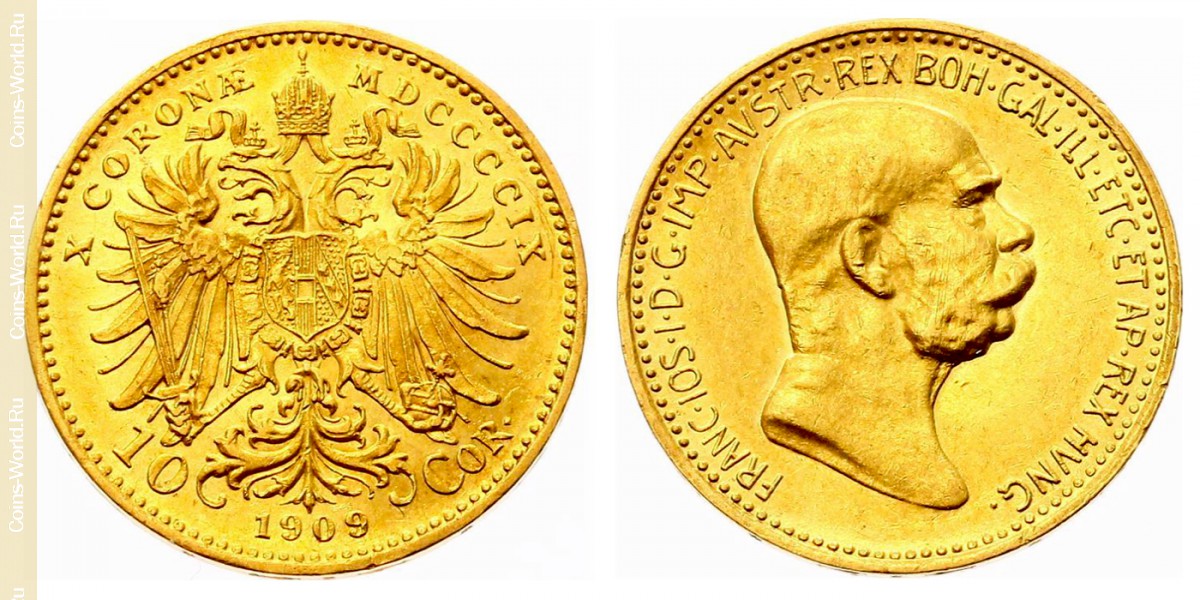 10 coronas 1909, Austria, No hay inscripción debajo del busto