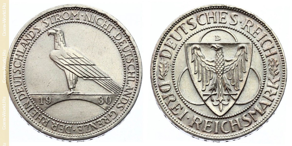 3 reichsmark 1930 D, Liberation of Rhineland, Germany