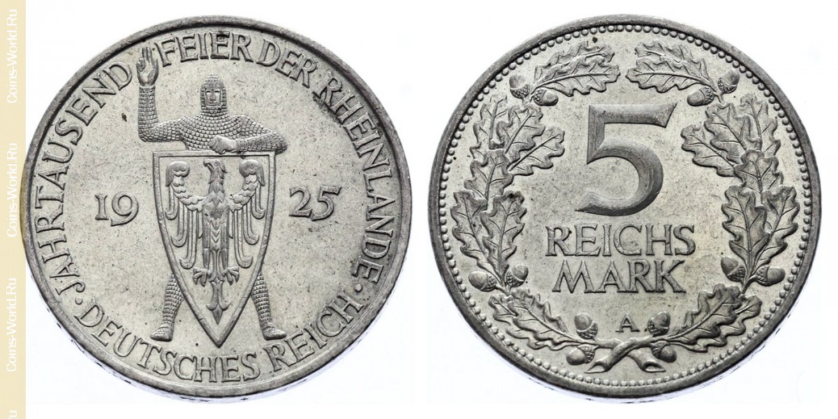 5 reichsmark 1925 A, 1000 años de Renania, Alemania
