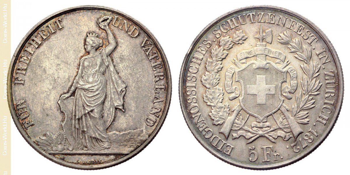 5 francos 1872, Festival de Tiro Zurich, Suíça