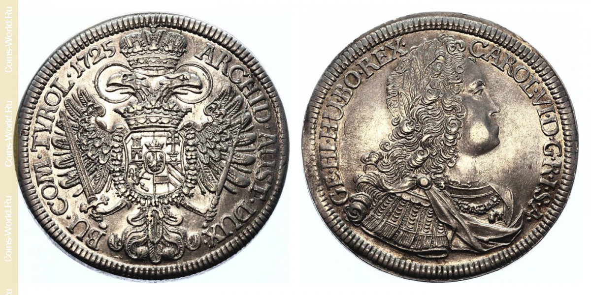 1 thaler 1725, Coat of arms of Tyrol in the center of the shield, CAROL, Austria