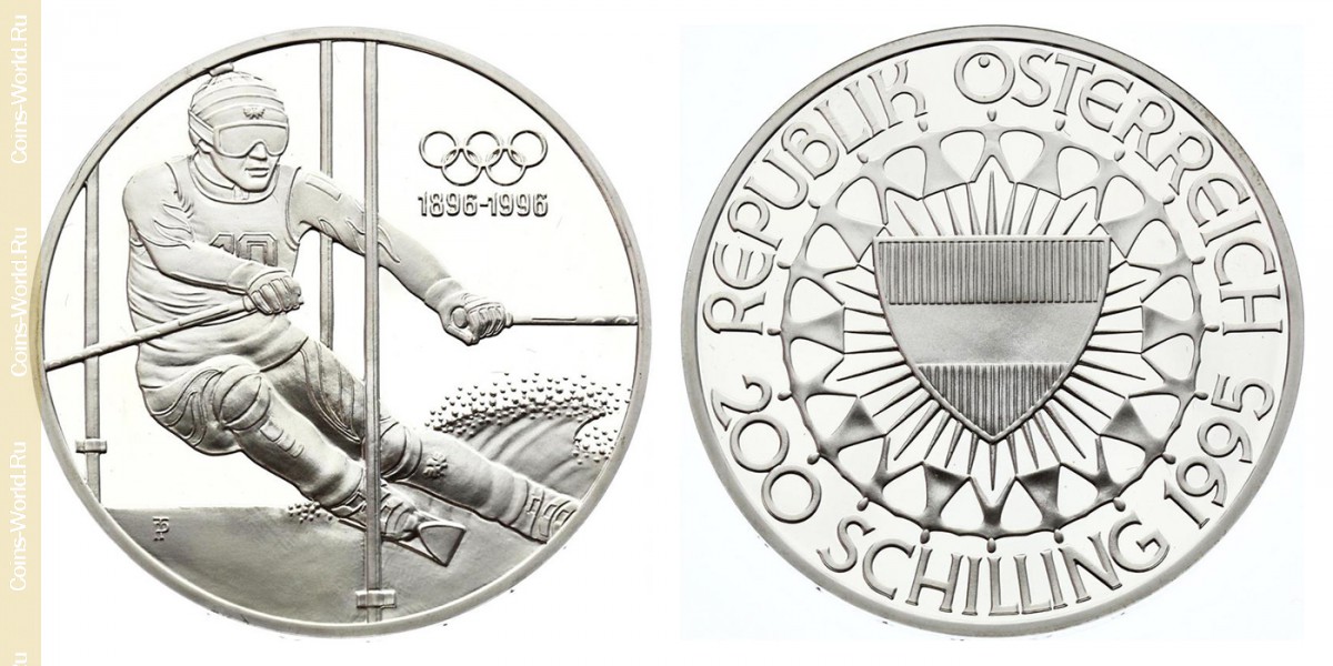 200 schilling 1995, 100th Anniversary of Olympic Games - Skiing, Austria
