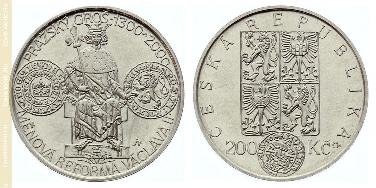 200 korun 2000, Monetary Reform of Vaclav II - Prague Groschen, Czech Republic