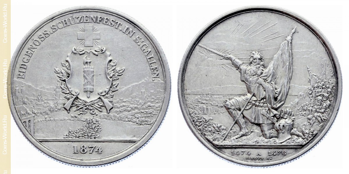 5 francos 1874, Festival de Tiro de St. Gallen, Suíça