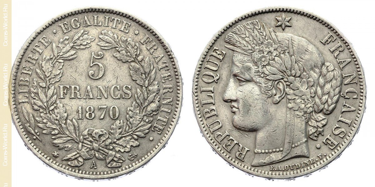 5 francos 1870, LIBERTE·EGALITE·FRATERNITE, França