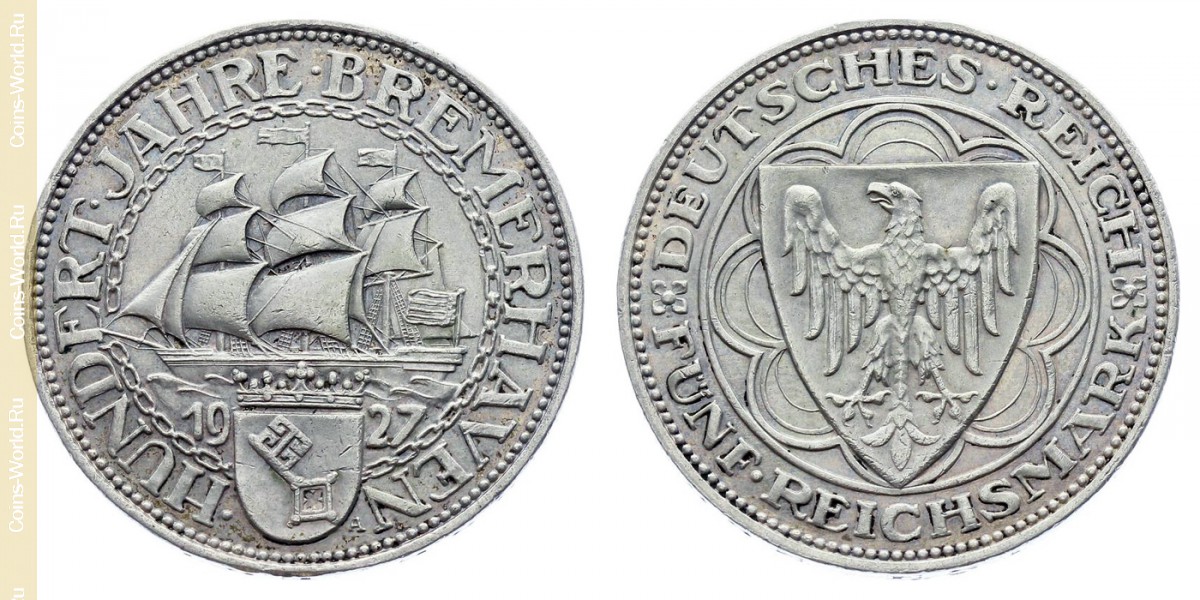 5 reichsmark 1927, 100º aniversário de Bremerhaven, Alemanha