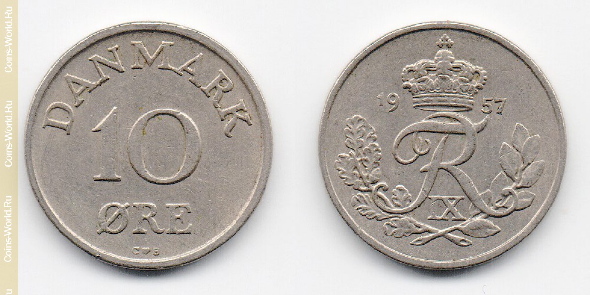 10 ore 1957 Denmark-Coin: 10 ore 1957, the country Denmark, the catalog description, the value of the coin. The rate is subject to state collectible coins.