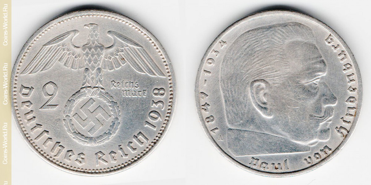 Coin: the 2 reichsmark 1938 a, Germany, the catalog description, the value of the coin. The rate is subject to state collectible coins.