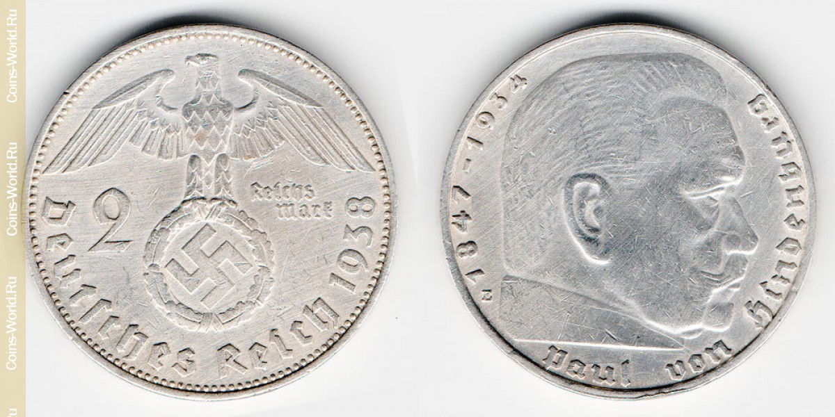 Coin: the 2 reichsmark 1938 E, the country of Germany, the catalog description, the value of the coin. The rate is subject to state collectible coins.