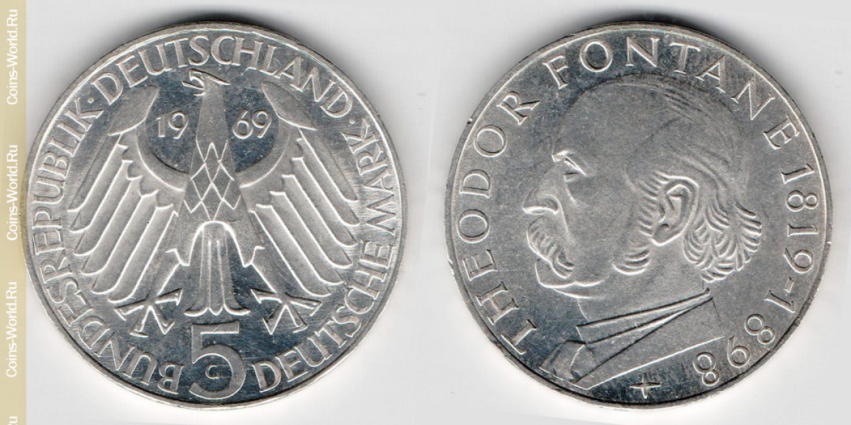 5 марок 1969 года G Теодор Фонтане Германия