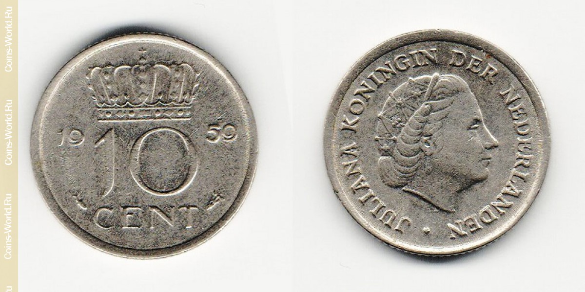 10 cents 1959 Netherlands-Coin: 10 cents 1959, the country the Netherlands, the catalog description, the value of the coin. The rate is subject to state collectible coins.