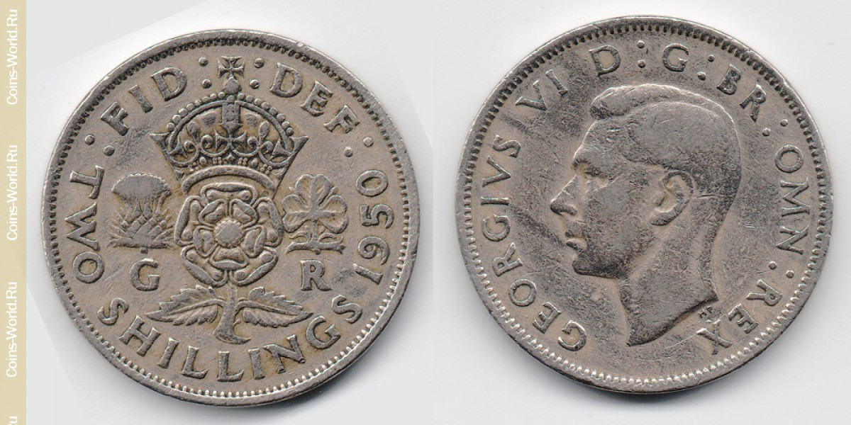 2 shillings (florin) 1950 United Kingdom-Coin: 2 shilling 1950, country of United Kingdom, the catalog description, the value of the coin. The rate is subject to state collectible coins.