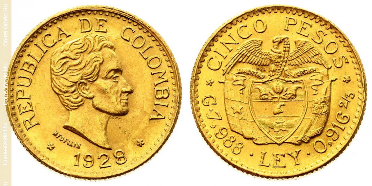 5 pesos 1928, Colombia