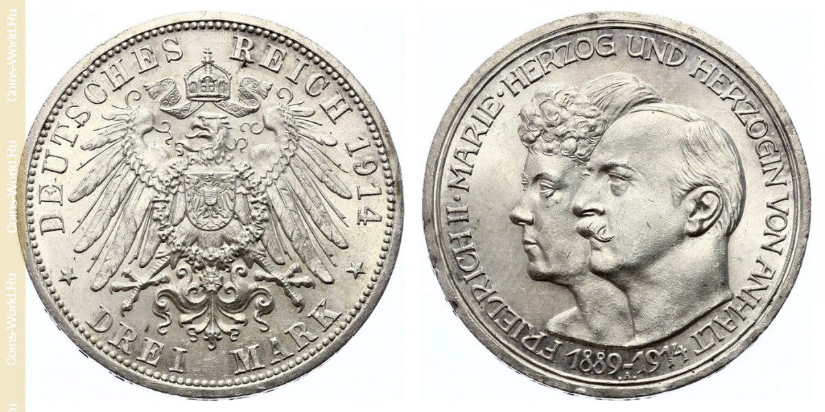 3 marcos 1914, 25º Aniversario - Federico II y Marie von Baden, Alemán (Imperio)
