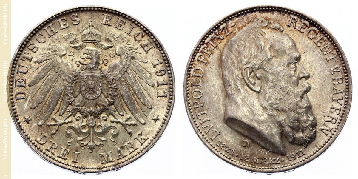 3 Mark 1911, 90. Geburtstag von Prinzregent Luitpold, Deutsches Kaiserreich