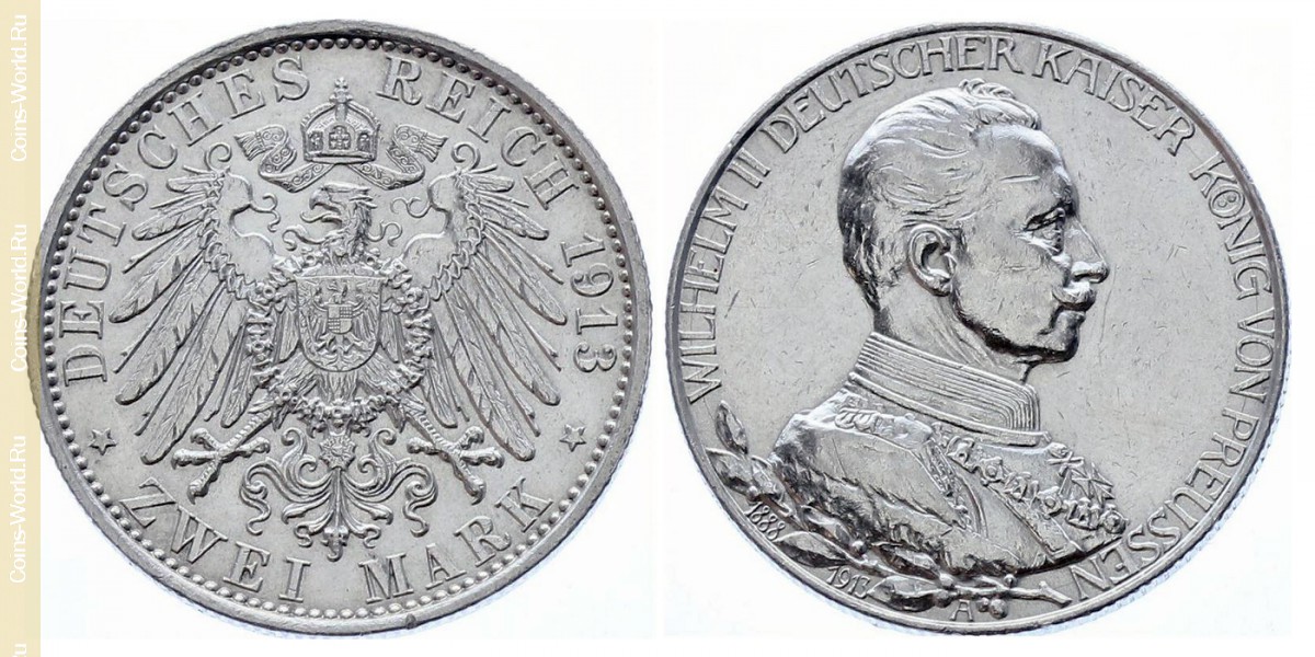 2 marcos 1913, 25º Aniversario - Ascensión de Guillermo II, Alemán (Imperio)