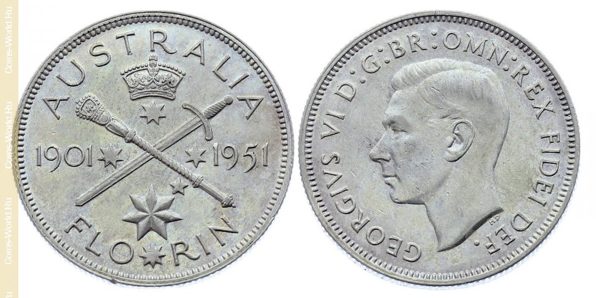 2 shillings (florin) 1951, 50th Aniversário da Federação, Austrália