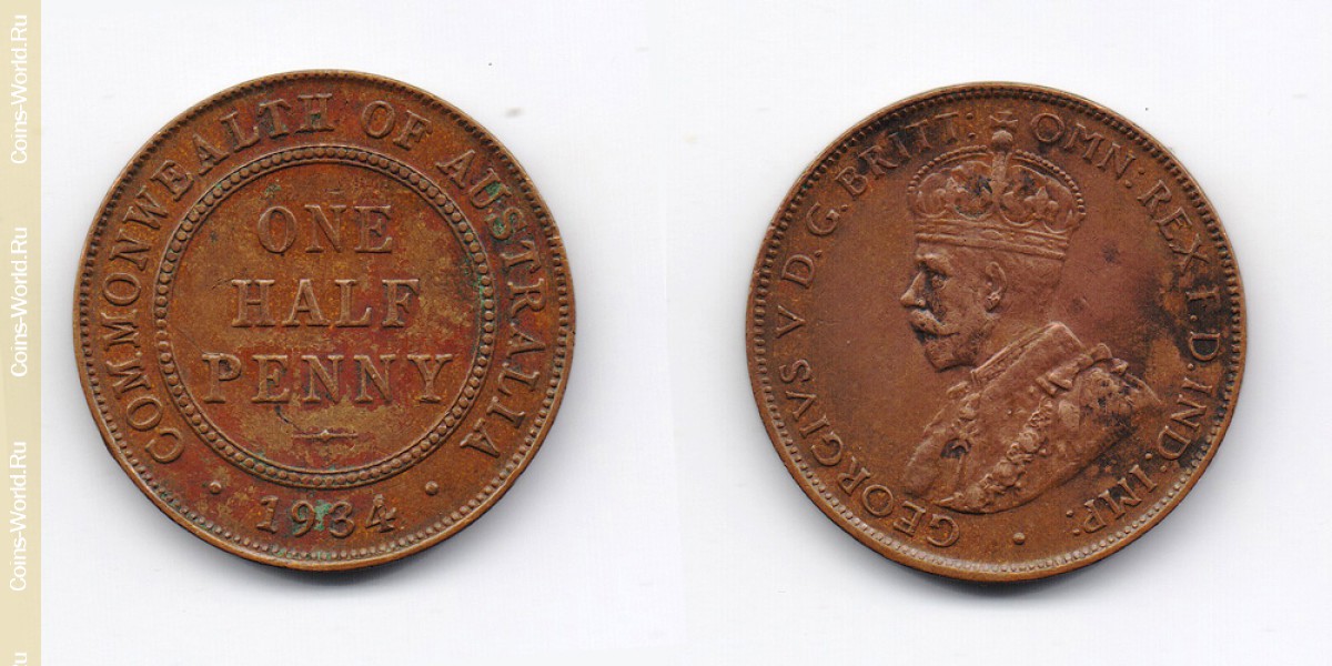 1/2 penny 1934 Australia-Coin: 1/2 penny 1934, country Australia, description in the catalog, the value of the coin. The rate is subject to state collectible coins.