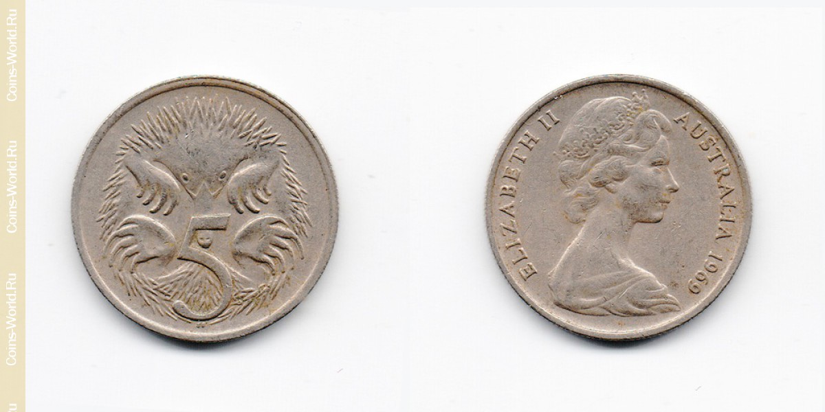 5 cents 1969 Australia-Coin: 5 cents 1969, country Australia, description in the catalog, the value of the coin. The rate is subject to state collectible coins.