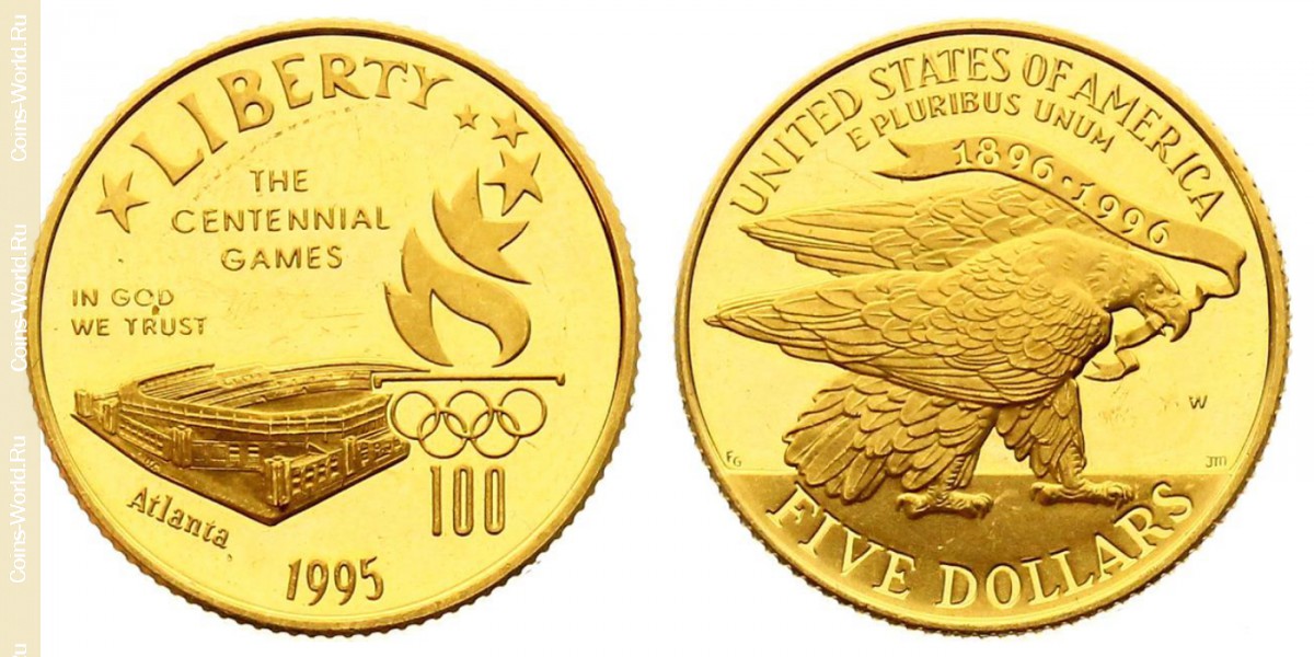 5 dollars 1995, XXVI summer Olympic Games, Atlanta 1996 - Stadium, USA