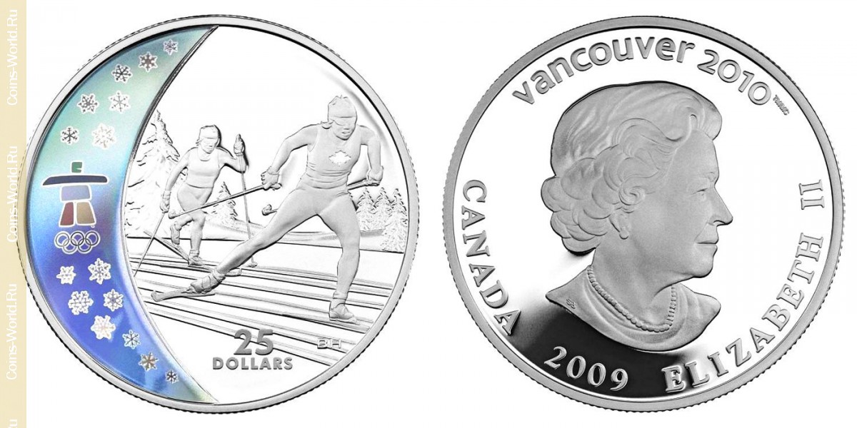 25 Dólares 2009, XXI winter Olympic Games, Vancouver 2010 - Cross-Country skiing, Canadá