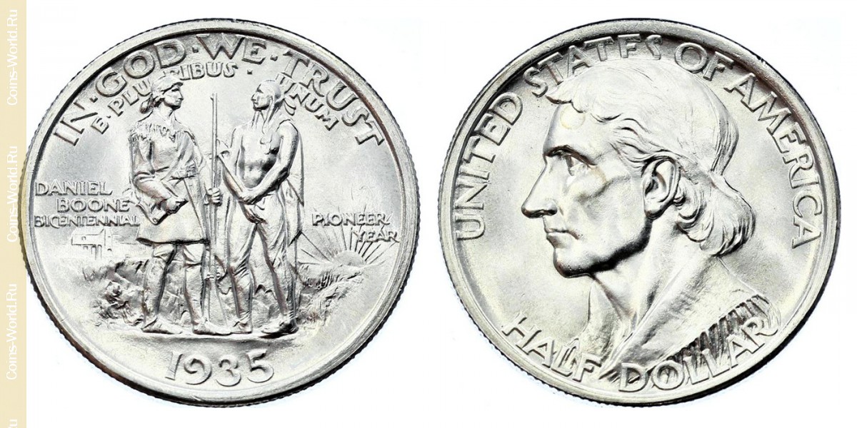 ½ dólar 1935, 200 anos do nascimento de Daniel Boone, sem data sobre a palavra PIONEER, EUA