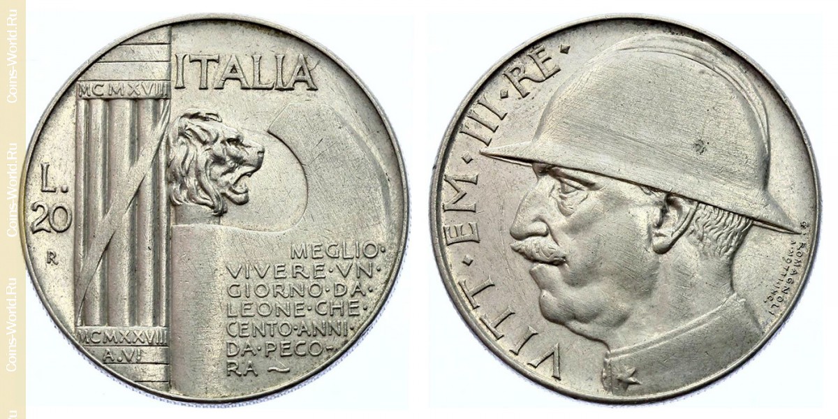 20 Lire 1928, 10 Jahre nach dem Ende des Ersten Weltkriegs, Italien