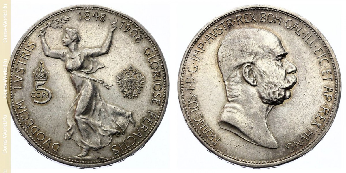 5 corona 1908, Austria, 60 years of reign