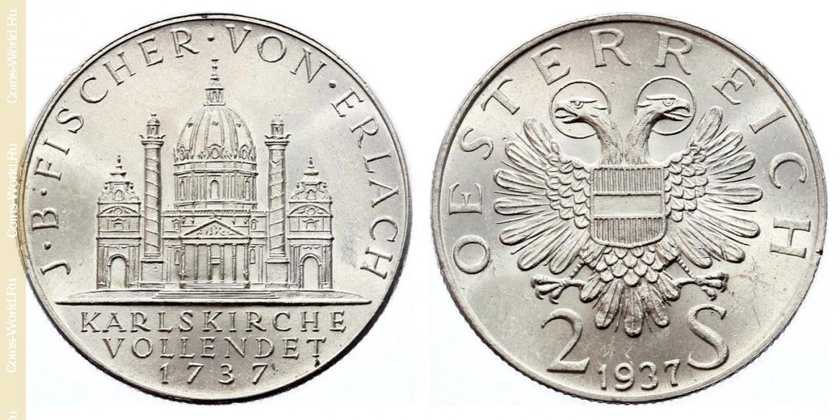 2 schilling 1937, Austria, 200th anniversary of the completion of the construction of the Church of St. Charles