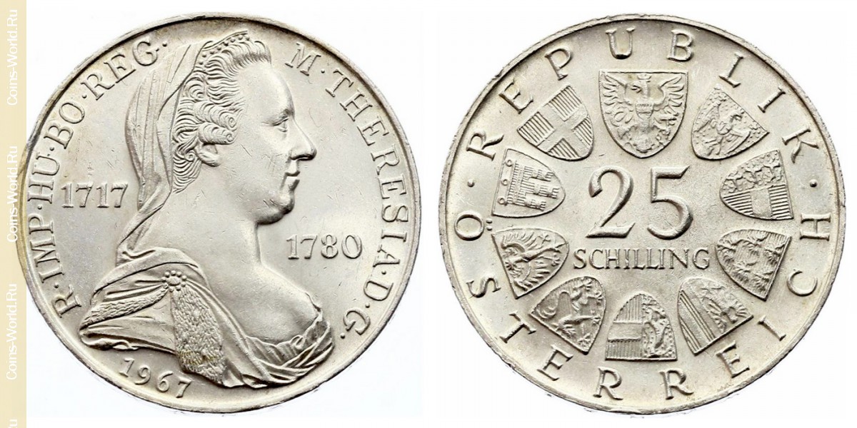 25 chelines 1967, Austria, 250 aniversario del nacimiento de Maria Theresa