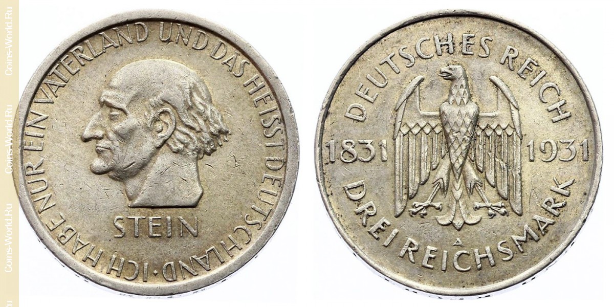 3 reichsmark 1931, 100th Anniversary - Death of Heinrich vom Stein, Germany