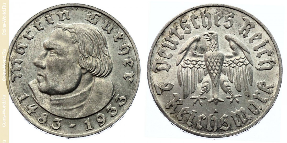 2 reichsmark 1933 A, 450 Aniversário - nascimento Martin Luther, Alemanha - Terceiro Reich