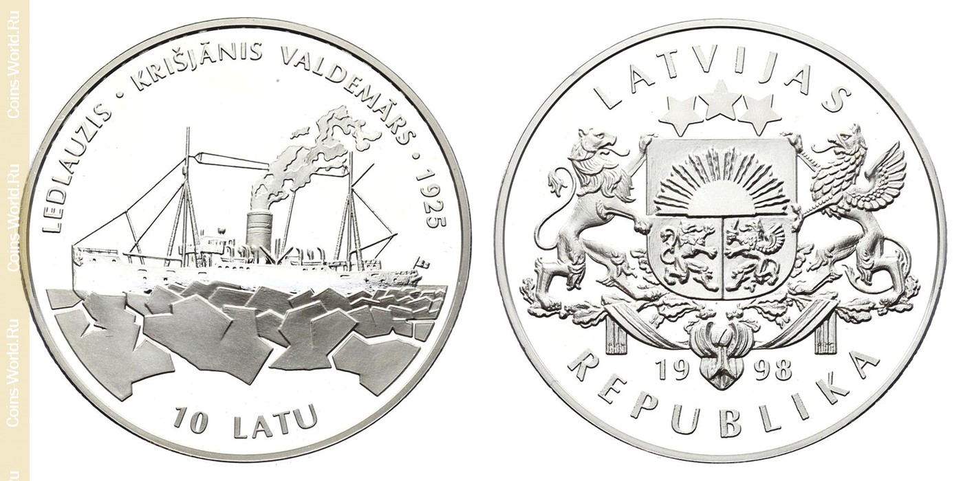 Ледокол монета купить. Монета Латвии 10. 10 Латвийских лат 1992. Ледокол Кришьянис Валдемарс. 10 Лат 2000 года.