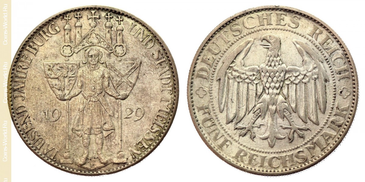 5 Reichsmark 1929, 1000 Jahre Burg und Stadt Meißen, Deutschland
