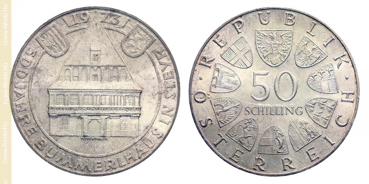 50 Schilling 1973, 500 Jahre Bummerlhaus in Steyr, Österreich 