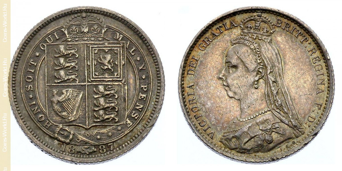 6 peniques 1887, Escudo de armas en el reverso, Reino Unido