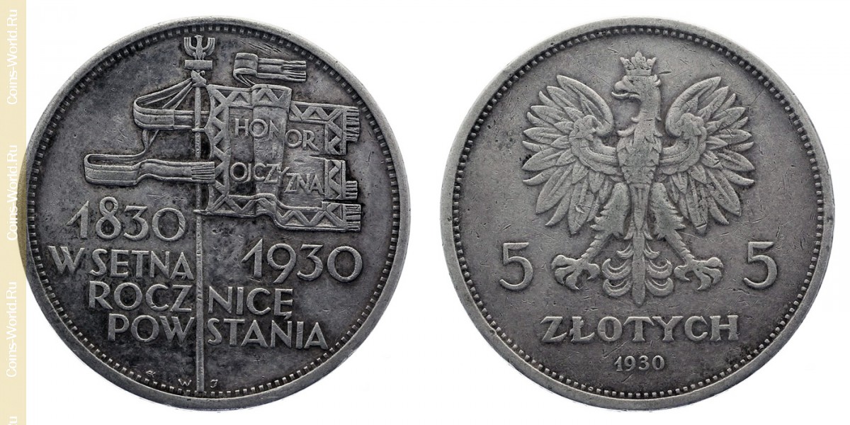 5 zlotych 1930, 100º Aniversario de la Revolución, Polonia