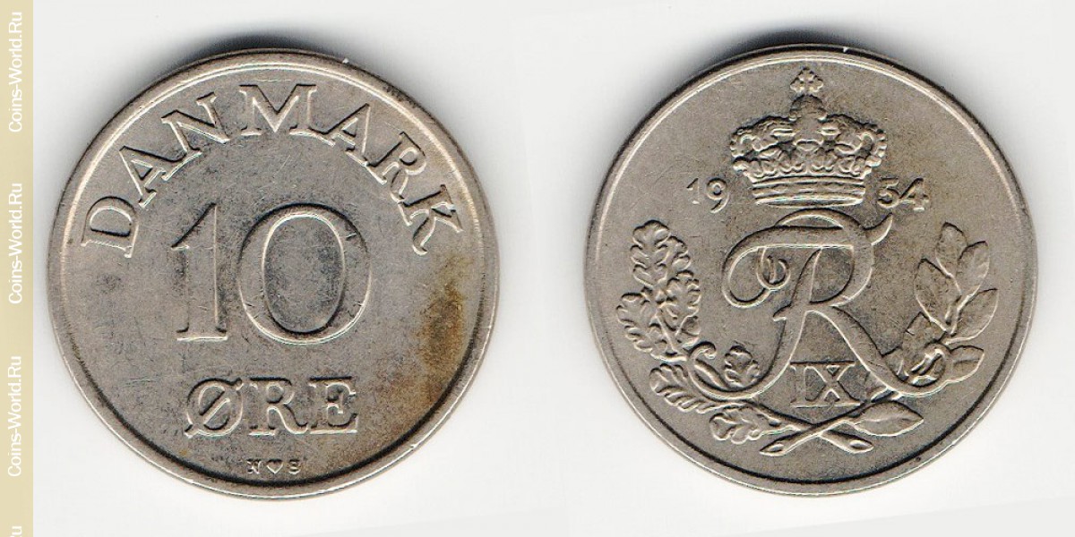 10 ore 1954 Denmark-Coin: 10 ore 1954, the country Denmark, the catalog description, the value of the coin. The rate is subject to state collectible coins.