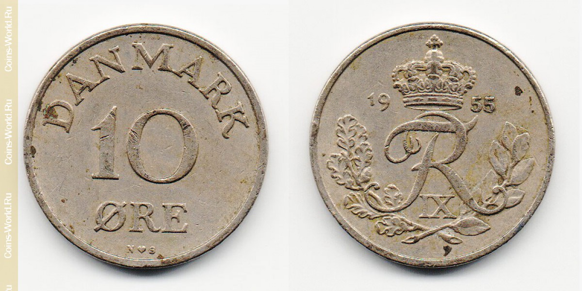 10 ore 1955 Denmark-Coin: 10 ore 1955, the country Denmark, the catalog description, the value of the coin. The rate is subject to state collectible coins.