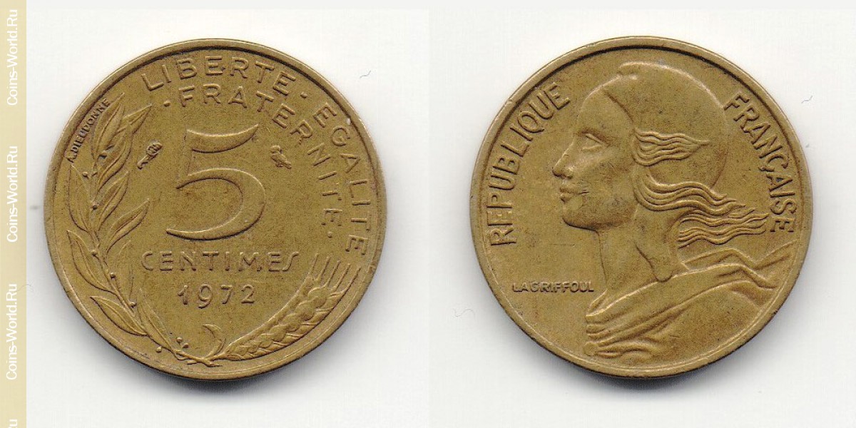 5 centimes 1972 France-the Coin: 5 centimes 1972 , the country France, the catalog description, the value of the coin. The rate is subject to state collectible coins.