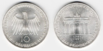 10 марок 1991 года А 200 лет Бранденбургским Воротам 