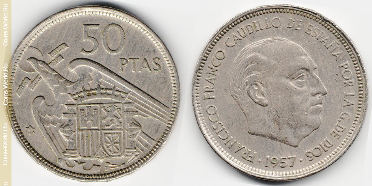 50 pesetas 1957 Spain-Coin of 50 pesetas 1957, the country of Spain, the catalog description, the value of the coin. The rate is subject to state collectible coins.