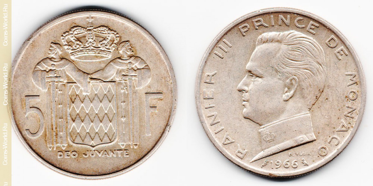 3166, 5 Francs 1966 , 970.00 R., 2997, 1966, , 
 Material: Silber 835 
 Gewicht: 12 G 
 Rainier III 
 KM# 141