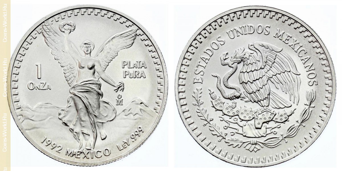 1 onza 1992, Moeda de ouro de prata - Liberdade, México