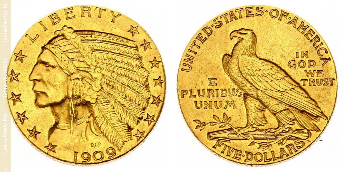 5 dólares 1909, EUA