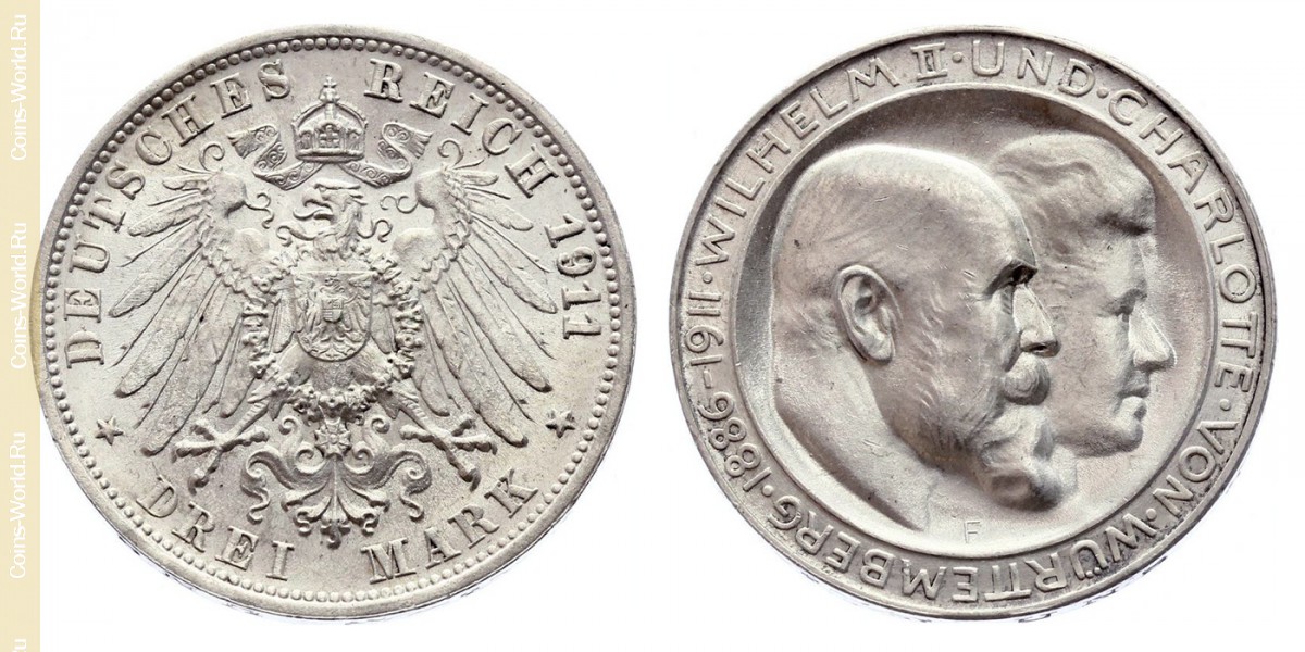 3 marcos 1911, 25º aniversário do casamento de Wilhelm II de Württemberg e Charlotte de Schaumburg-Lippska, Império Alemão