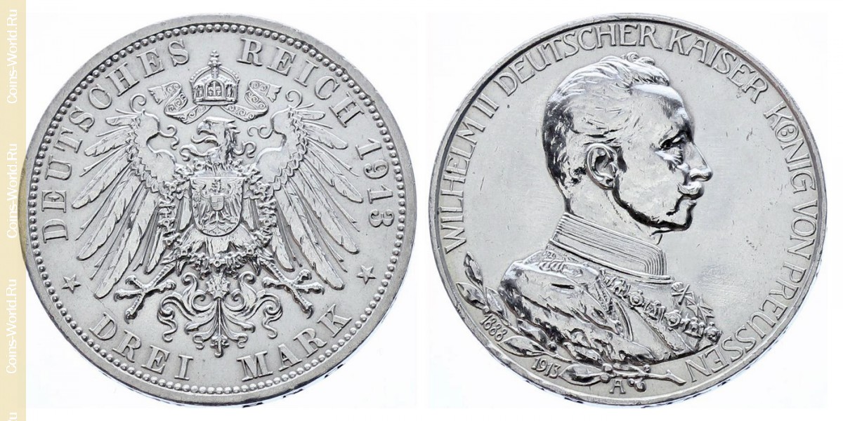 3 marcos 1913, 25º Aniversario - Ascensión de Guillermo II, Alemán (Imperio)