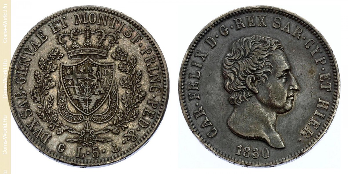 5 lire 1830 P, Sardinia